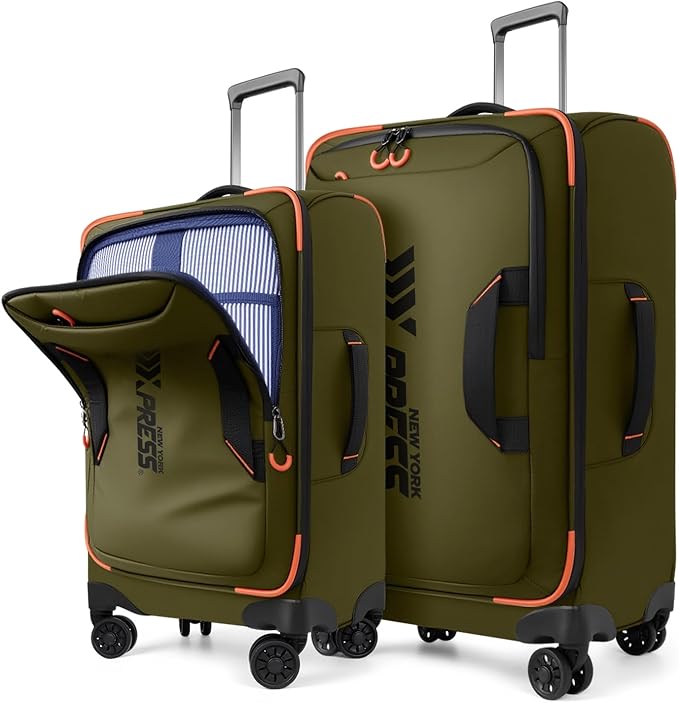 2-Piece Set（22in/26in） Front Opening,Softside Luggage Sets w/Double Spinner Wheels Suitcase,Waterproof,Lightweight Travel Luggage Rolling Suitcase（Green,22in/26in）