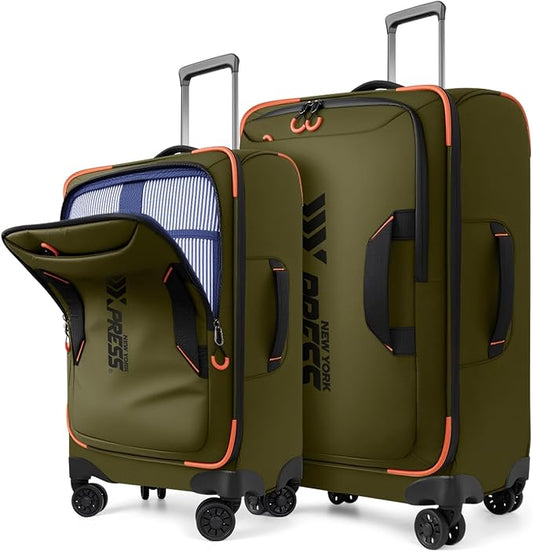 2-Piece Set（22in/26in） Front Opening,Softside Luggage Sets w/Double Spinner Wheels Suitcase,Waterproof,Lightweight Travel Luggage Rolling Suitcase（Green,22in/26in）