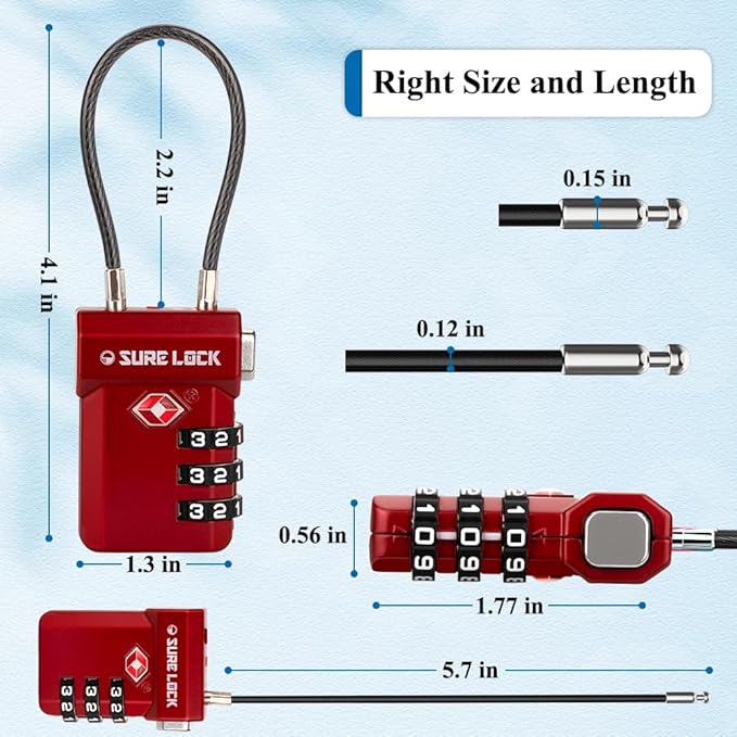 SURE LOCK TSA Approved Luggage Locks – 3-Digit Combination Cable Lock with Red Indicator, Large Dial & Easy-Press Button for Suitcases and Backpacks – Multi-Pack & Color Options