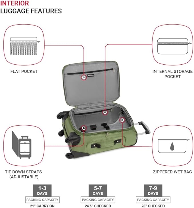 SWISSGEAR Sion Softside Expandable Spinner Luggage Durable Lightweight Travel Suitcase, Evergreen, 3-Piece Set (21/25/29)