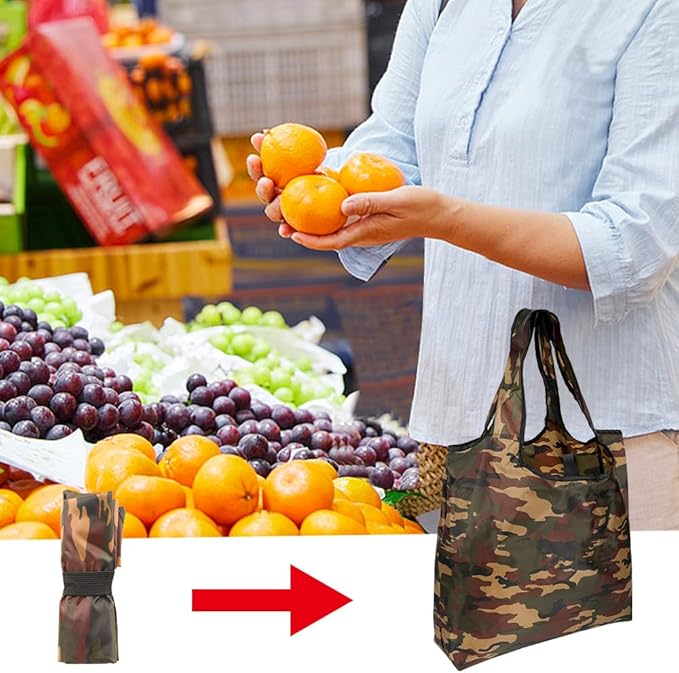 Aricsen 20 Pack 15x4.5x15 Inch Camo Reusable Shopping Bags with Handles Bulk, Foldable Grocery Bags, Machine Washable Durable Nylon Tote Bags, Polyester Fabric Cloth