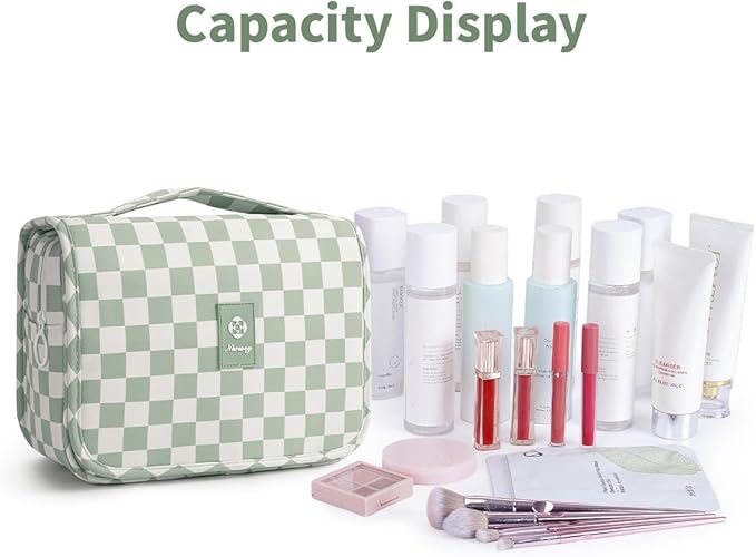 Narwey Small Hanging Travel Toiletry Bag for Traveling Women, Checkered Travel Bag for Toiletries, Makeup Bag Organizer Make Up Cosmetic Bags (Mint Green Checkerboard)