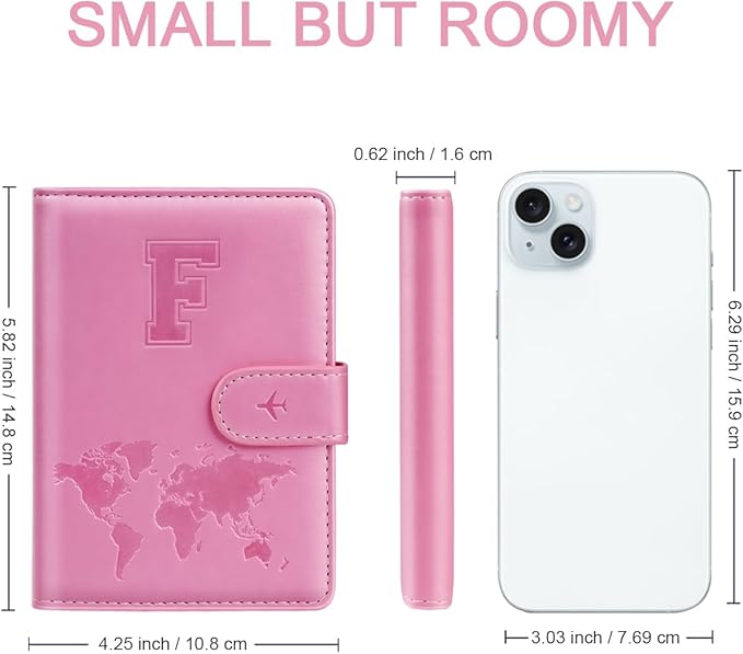 Passport Holder Cover Initail Letter A-Z Travel Wallet Embossed Design RFID Blocking Card Holder Personalized Gift Passport Cover Wallet, Passport Book Holders for Women and Girls, Pink-F