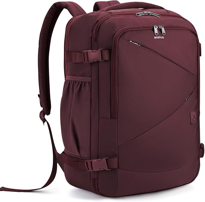 ECOHUB Carry On Travel Backpack, Expandable Airlines Personal Item Bag 18x14x8, Water Resistant 17 inch Laptop Backpack Flight Approved, 12 Pockets 30L Work Backpacks with Wet Pocket & Cable Slot, Red