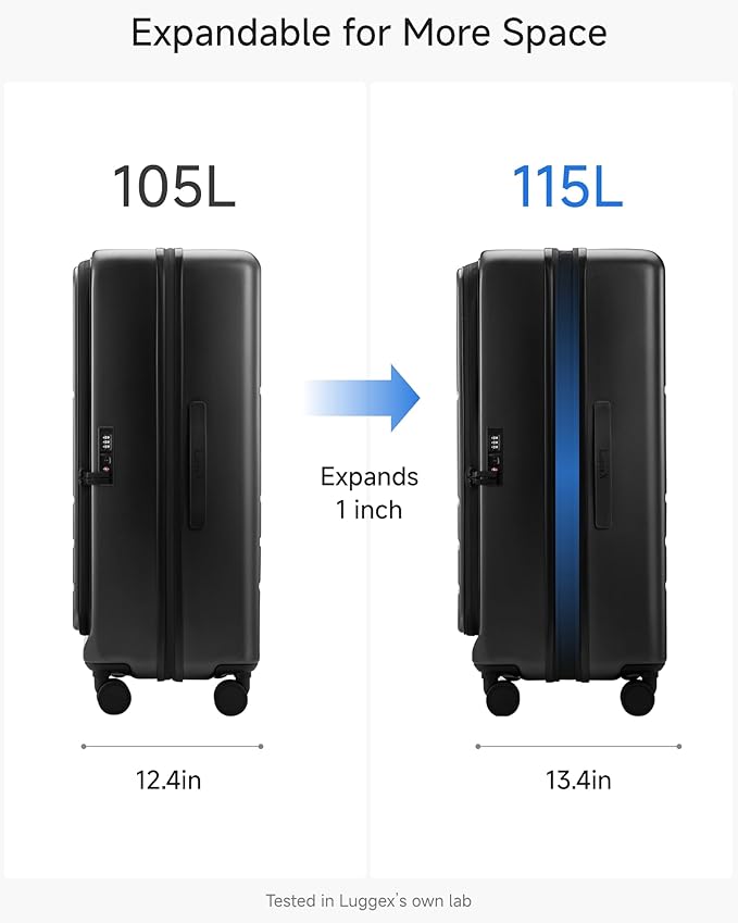LUGGEX Checked Suitcase with Spinner Wheels, FLO5 Top Opening Expandable Polycarbonate Hard Shell Suitcase with TSA Approved Lock (FX-Core, Black, 28 Inch)