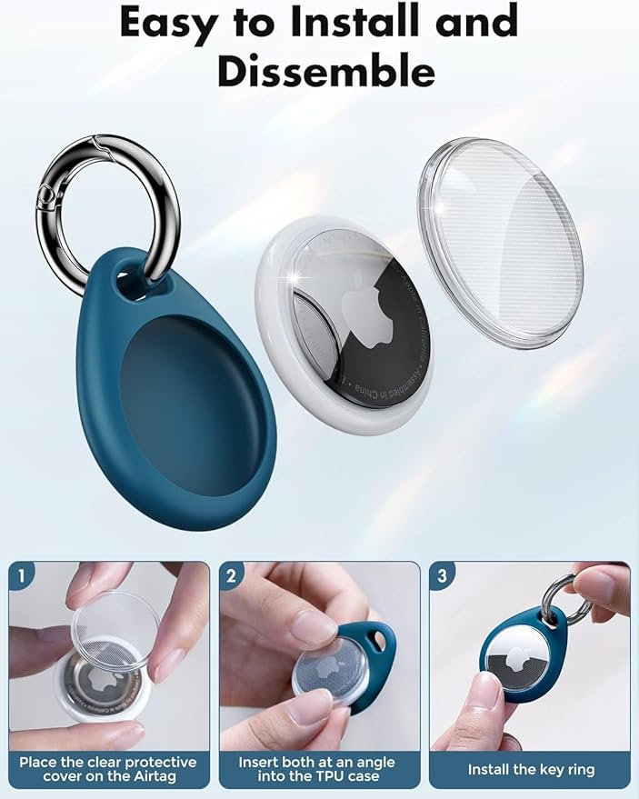 UNBREAKcable AirTag Holder for Apple - 4 Pack Air Tag Case [Fit Tightly Design] [Easy to Install] [Hold Securely] Waterproof TPU Protective Cover with Metal Keychain for Kids,Pet,Luggage,Backpack,Keys