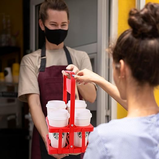Bodaon 4 Cup Drink Carrier with Handle, Plastic Cup Carriers for Drinks, Drink Holder for Car, Take Out Delivery Drivers Accessories, Portable Foldable Reusable Mobile, Use for Food Delivery Bag, Red