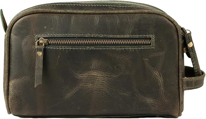 KomalC Leather Toiletry Bag for Men & Women – Handcrafted Travel Grooming Kit with Water-Resistant Lining and Secure Zipper Closure