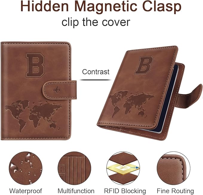 Passport Holder Wallet Cover Personalized Letter A-Z Travel Wallet RFID Blocking Passport Cover Wallet Case for Travel Passport Book Holders for Women and Men, Brown-B