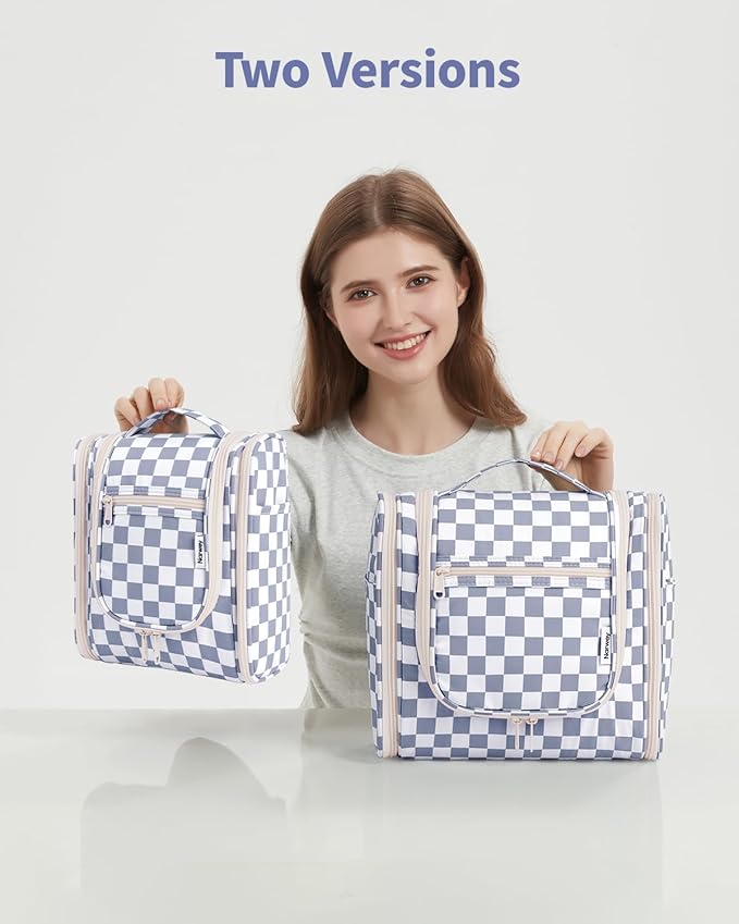 Narwey Checkered Hanging Travel Toiletry Bag for Women, Travel Bag for Toiletries, Makeup Bag Organizer Cosmetic Bags Make Up Bags for Women (Grayish Blue Checkerboard)