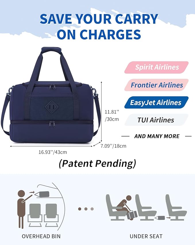 WANDF Travel Duffel Bag with Wet Pocket & Shoe Compartment, 18x14x8 Personal Item Bag with USB Charging Port, Water-Resistant Gym Weekender Overnight Carry-on for Women Men (Blue)