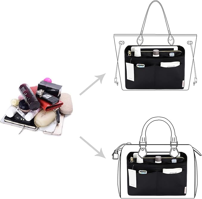ZTUJO Purse Organizer Insert, Felt Bag Organizer with Metal Zipper, Handbag & Tote Shaper, For Speedy Neverfull Tote, 7 Sizes