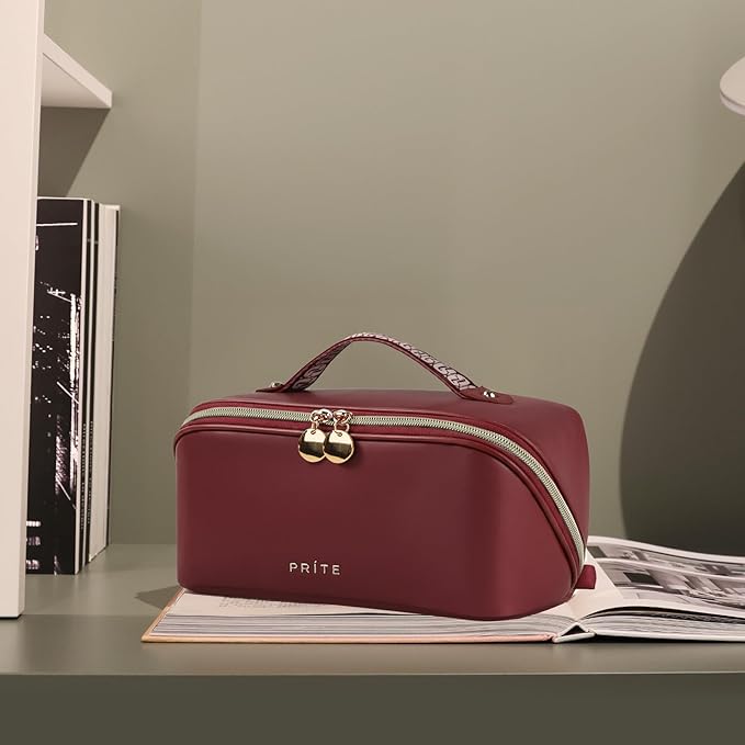 Prite Makeup Bag for Women Travel Waterproof Vegan Leather Cosmetic Bag Open Flat Toiletry Bag With Clear Divider and Handle (Dark Red)