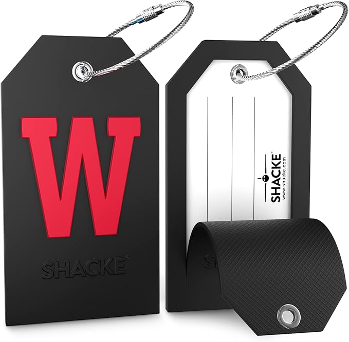 Shacke Initial Luggage Tag with Full Privacy Cover and Stainless Steel Loop - Black (Letter W)