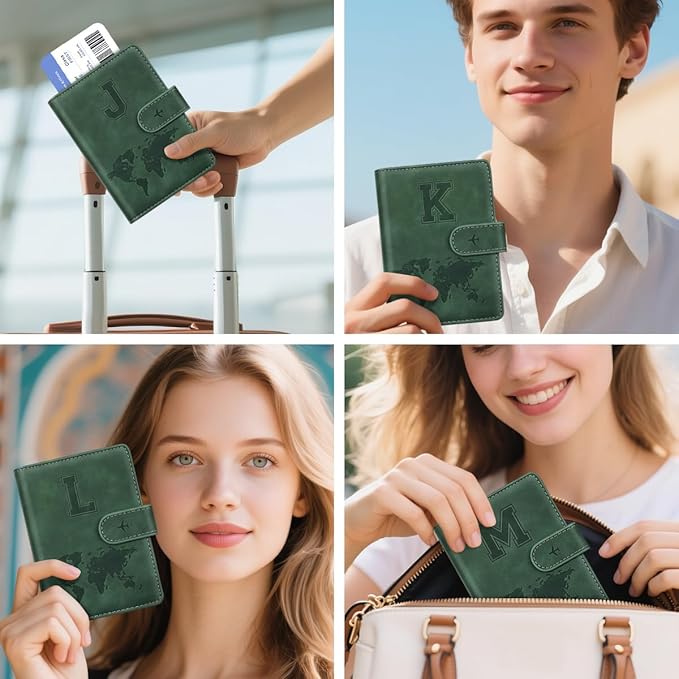 Personalized L Passport Holder Cover Initial Letter Travel Wallet RFID Blocking Passport Cover Credit Card Holder Case Passport Book Holders for Women and Men, Pine Green-L