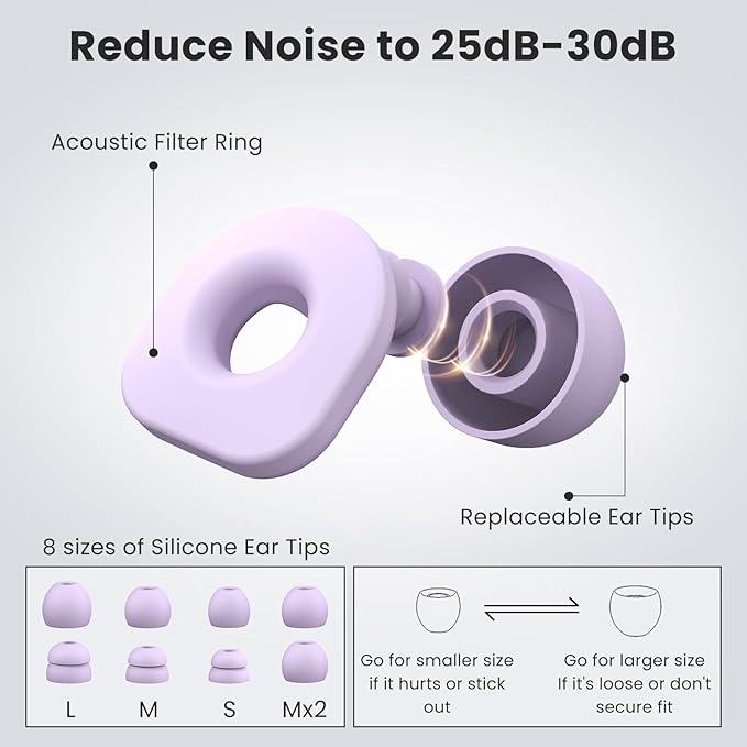 2 Pairs of Earplugs for Sleeping,Reusable Hearing Protection Ear Plugs with 8 Pairs Ear Tips & One Connector Cord,Soft Earplugs for Noise Reduction,Concert,Musician & Work - 25dB-30dB