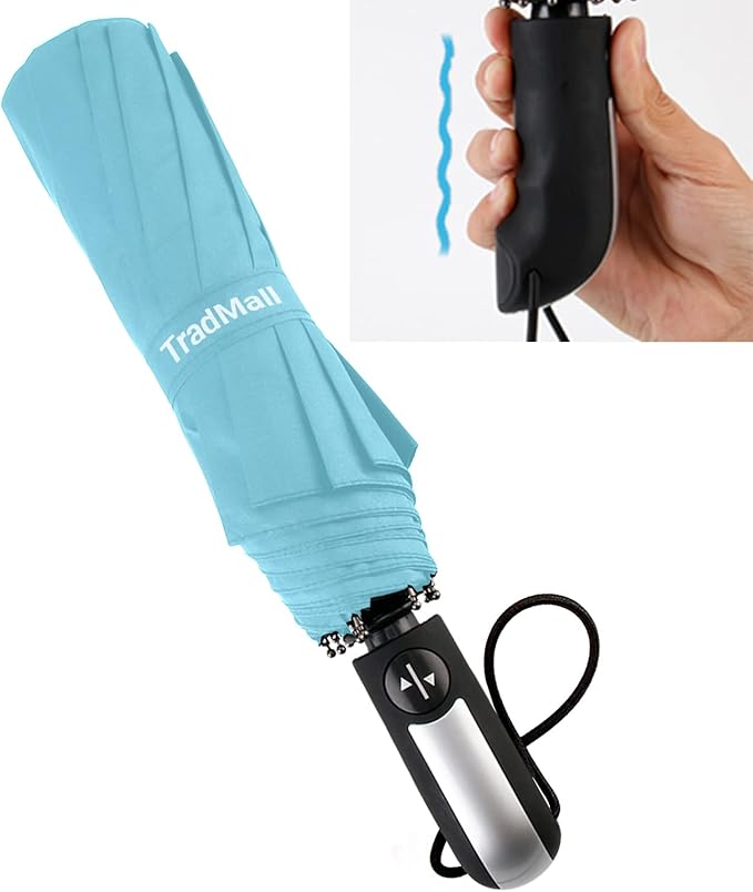 TradMall Travel Umbrella Windproof with 46 Inches Large Canopy 10 Reinforced Fiberglass Ribs Ergonomic Handle Auto Open & Close, Sky Blue
