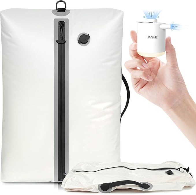 BAGAIL TPU Vacuum Bag for Travel, Reusable Compression Bag with IPX8 Waterproof Zipper, Save Space for Suitcase, Backpack and Carry on (Cream, ExtraLarge, With Pump)