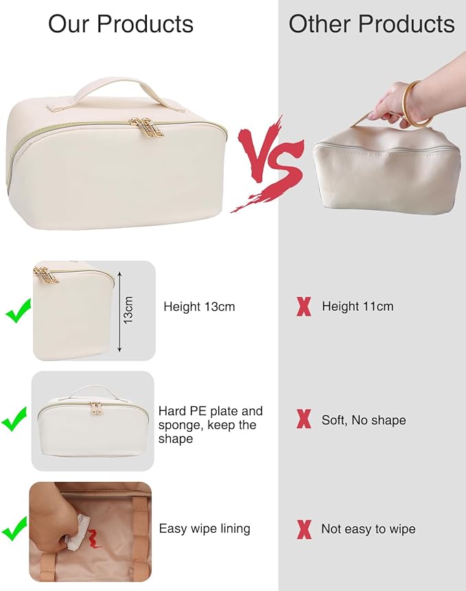Relavel Travel Makeup Bag for Women, Large Capacity Cosmetic Bags with Separate Brushes Compartments, Waterproof Toiletry Organizer Bags with Handle for Travel Essentials - White