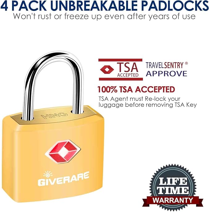 4 Pack TSA Approved Travel Luggage Locks with Keys, Solid Brass Copper Keyed Padlock, ABS Plastic Covered Small Locks for Suitcase, Backpack, Gym Locker, Jewelry Box-by GIVERARE