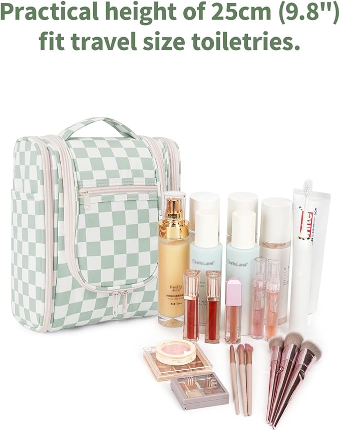 Narwey Hanging Travel Toiletry Bag for Women, Travel Bag for Toiletries, Checkered Makeup Bag Organizer, Cosmetic Make Up Bags for Travel Size Essentials, Skincare, Brushes (Mint Green Checkerboard)