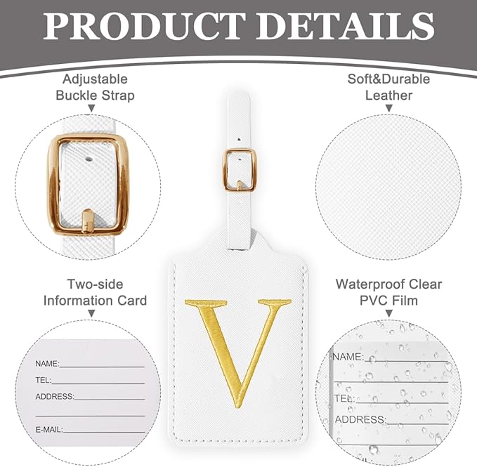Personalized Initial Luggage Tags for Suitcases,Leather Letter Cute Luggage Tags with Privacy Name Card,Embroidered Monogrammed Travel Bag Backpack Tag Gifts for Women Kids Girls Teens(White-V)