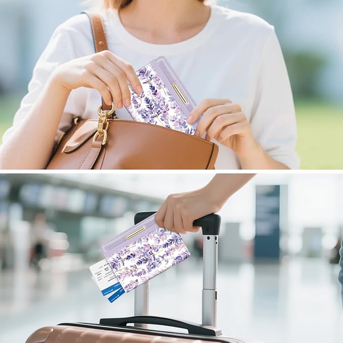 Passport Holder Cover Travel RFID Blocking Passport Cover Cute Flowers Passport Wallet with Elastic Band for Women, Lavender