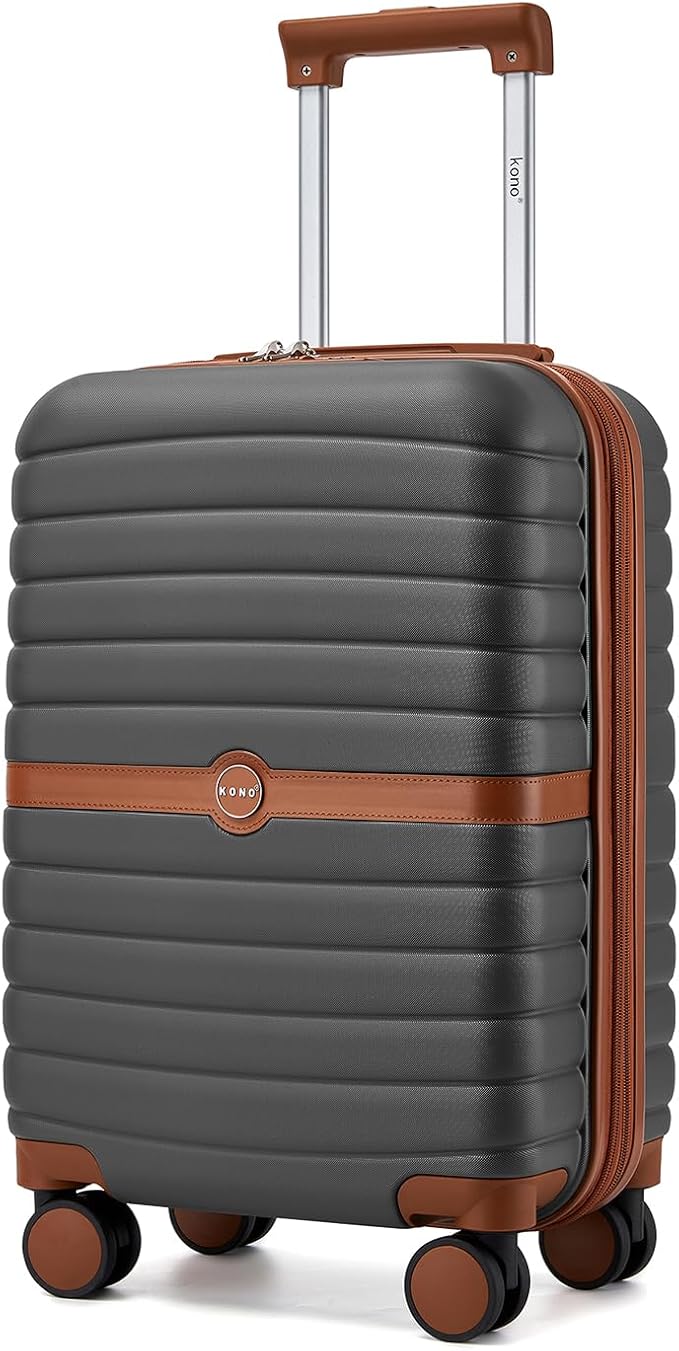 Kono Expandable Carry On Luggage 22x14x9 Airline Approved with Spinner Wheels, 20 Inch Durable PC+ABS Hardshell Travel Suitcase Rolling Luggage with Lock, Grey/Brown