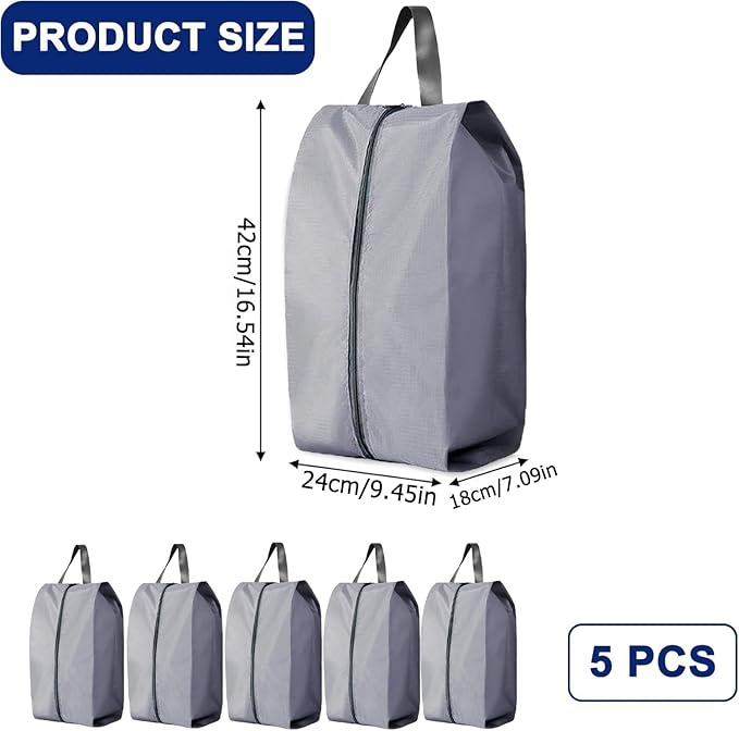 5Pcs XL Travel Shoe Bags Portable Travel Gifts Shoe Organizer with Zipper Closure, Waterproof Nylon Shoe Storage Organizer with Handle Travel Bags For Men and Women, Grey