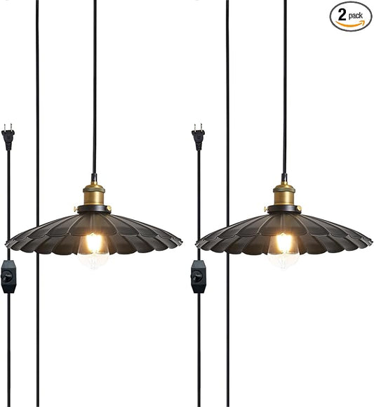 Plug in Hanging Lamp Adjustable Farmhouse Black Plug in Pendant Light for Kitchen Island, Dimmer Switch Rustic Vintage Hanging Lamp with Scalloped 15.7" Metal Shade