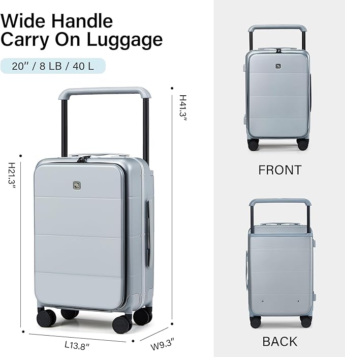 Hanke Top Opening Carry On Luggage, 20 Inch All-PC Aluminum Frame Wide Handle Luggage, Hard Shell Trunk Suitcase with Spinner Wheels, TSA Airline Approved (Grey, 40L)