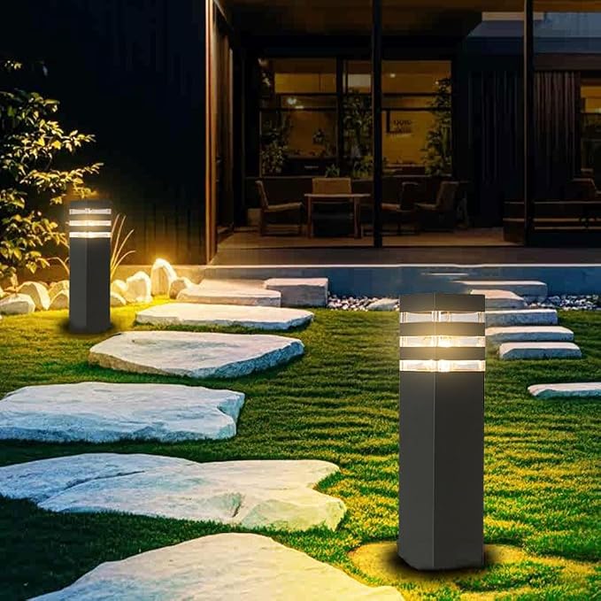 Pathway Lights Hardwired Outdoor 15In Black Lamp Post Walkway Path Lights | Outdoor Landscape Lighting E26 Bollard Lights Waterproof Sideway Post Lantern Anti-rust Exterior Lawn Lamp with 3000K Bulb