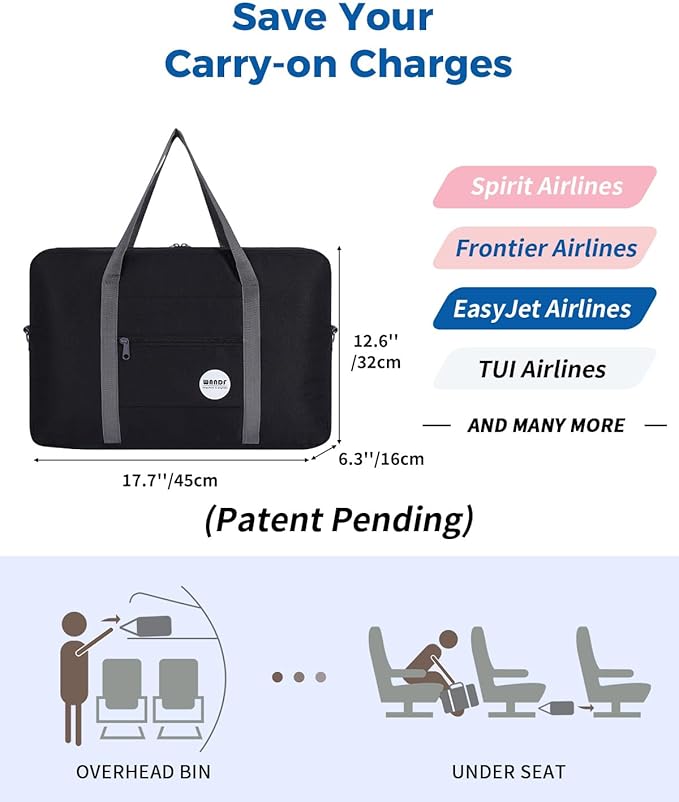 WANDF For Spirit Airlines Personal Item Bag 18x14x8 Travel Duffel Bag Underseat Foldable Carry-on Luggage for Women