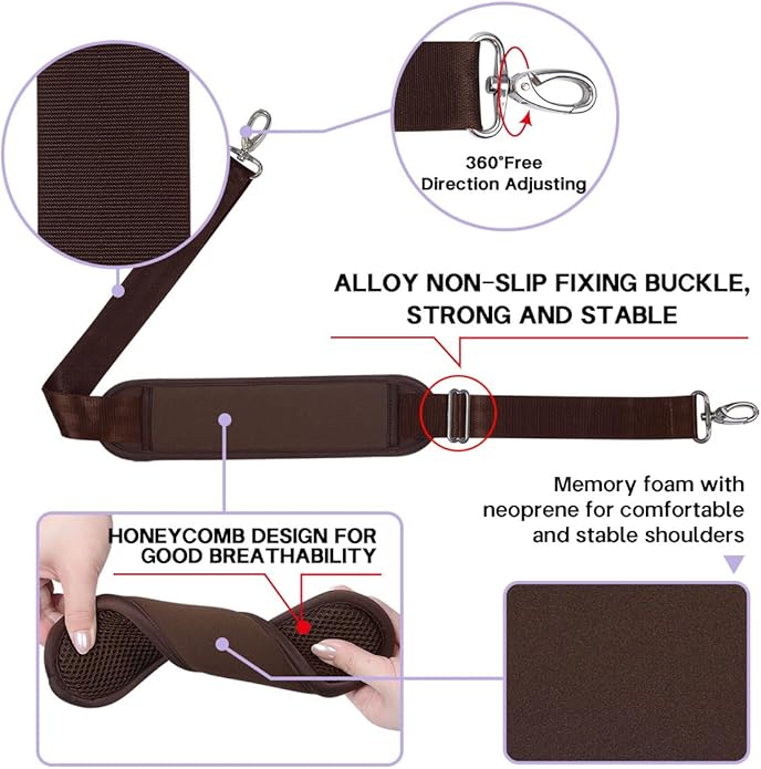 60 Inch Shoulder Strap with Removable Ultra-Thick Pad，Adjustable Buckles and Metal Hooks