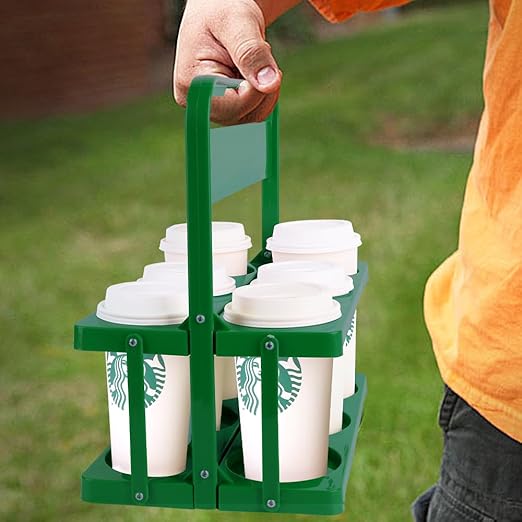 Bodaon 6 Cup Drink Carrier with Handle, Plastic Cup Holders for Take Out Delivery Drivers, Reusable Foldable Car Drink Caddy, Leakproof Food Delivery Accessories, 360° Secure Grip, Green