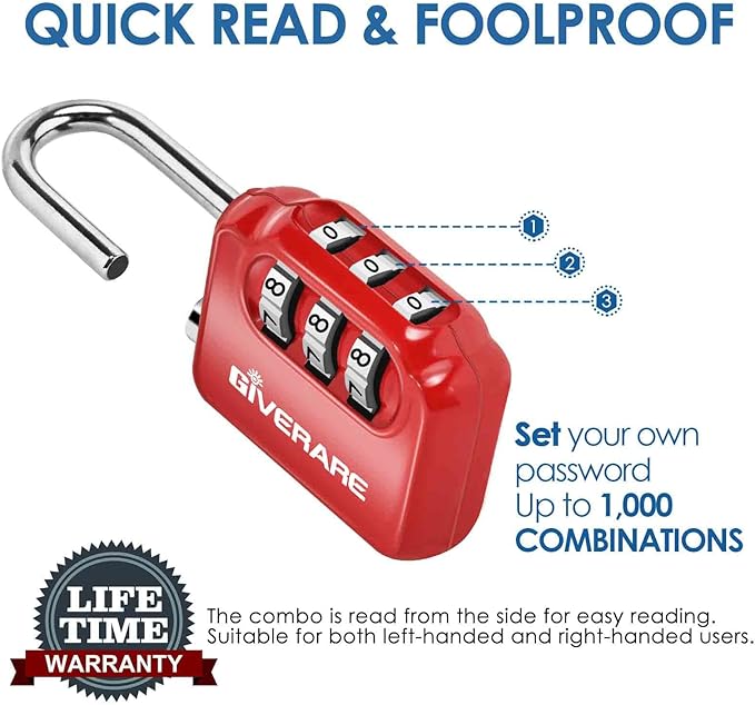 GIVERARE 2 Pack Combination Lock, 3-Digit Padlock Keyless, Resettable Luggage Locks for Backpack, Gym & School&Employee Locker,Weatherproof Travel Lock for Fence, Backyard Gate, Hasp, Case-Blue+Red
