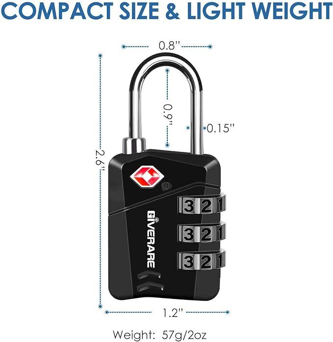 2 Pack TSA Approved Travel Luggage Locks, Metal Combination Lock, Alloy Keyless 3-Digit Padlocks, TSA Accepted Compatible Padlock for Gym Locker, Golf Bag Case, Backpack, Black-by GIVERARE
