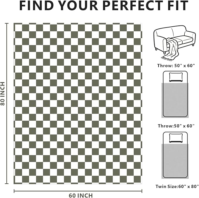 Checkered Blanket Flannel Throw Blankets Soft Cozy Checkered Grid Print Chessboard Gingham Pattern Throws for Bed Sofa Couch for All Seasons, 60x80 Inch, Dark Olive