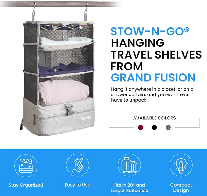 Grand Fusion Stow-N-Go Portable Hanging Travel Shelves, Packing Organizer for Luggage. Carry on Closet with Hanger for Clothes. Expandable Packing Cube. Travel Essentials, Light Gray - L