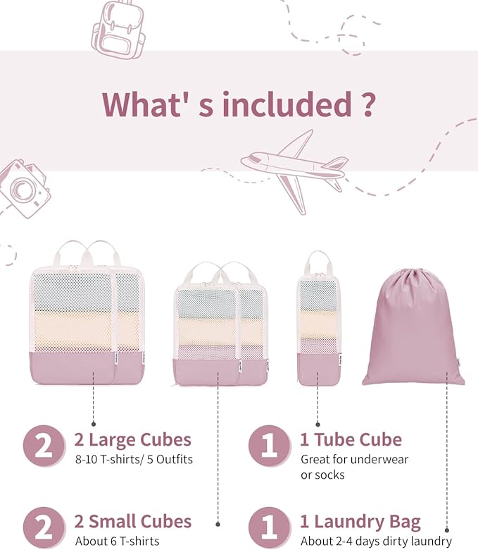 Narwey 6 Set/5 Set Compression Packing Cubes for Travel Kids Women Carry on, Packing Organizers Bag for Backpack Luggage Suitcase Duffle Bags