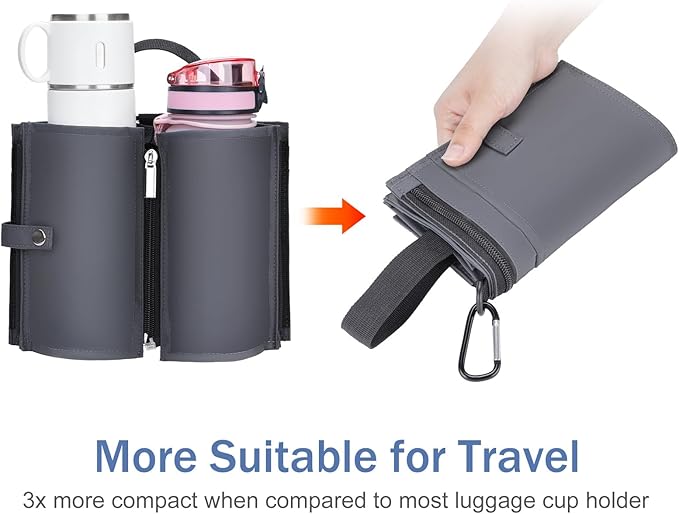 Travel Cup Holder for Suitcase, Portable Foldable Luggage Cup Holder, Free Hand Drink Caddy, Creative Travel Accessories, Gift for Travelers (Dark Gray)