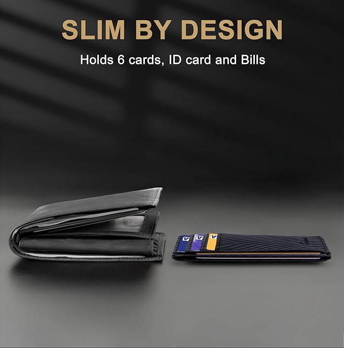 Travelambo Slim Wallet Front Pocket Minimalist Leather RFID Blocking Medium Size (Carbon Fiber Black)