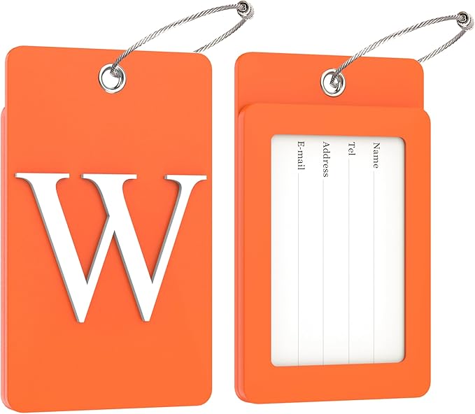 Gostwo 2 Pack Luggage Tags for Suitcases, 26 Initial Letter Travel Luggage Baggage Identification Labels ID Tag Fully Bendable Tags with Stainless Steel Loop (Orange) (Letter W)