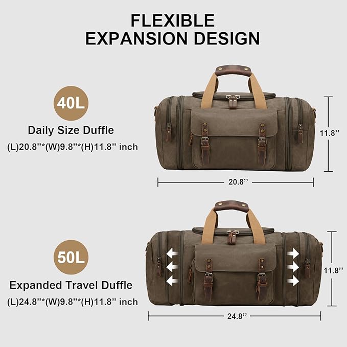 Waxed Canvas Duffel Bag 50L Waterproof Duffle Bag Travel Overnight Weekender Bag