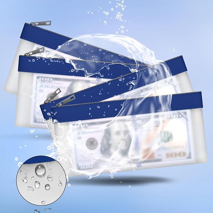 4 Pieces Money Bags With Zipper, Cash Envelopes, 7.6 x 3.7 Inch Money Pouch, Clear Bank Deposit Bag, Coin Bag for Collectors, Multi-Purpose Check Wallet (Dark Blue)