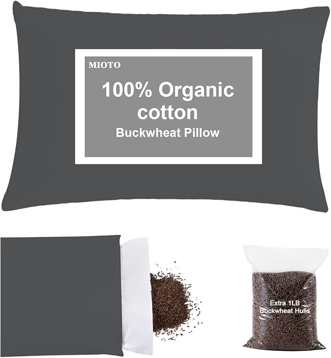 Organic Buckwheat Pillow for Sleeping with Dual-Layer Pillowcase and Extra Tartary Buckwheat Hulls, Adjust Height and Firmness, Neck Support Pillow for Back and Side Sleepers 20"x26", Dark Grey