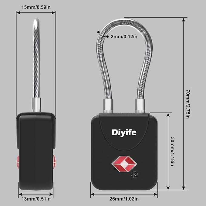 Luggage Locks with Key, [2 Pack] Diyife TSA Approved Luggage Locks, Suitcase Locks, Small TSA Travel Lock with Zinc Alloy Steel Cable Ideal for Backpacks, Bags, Toolbox, Case (Black)