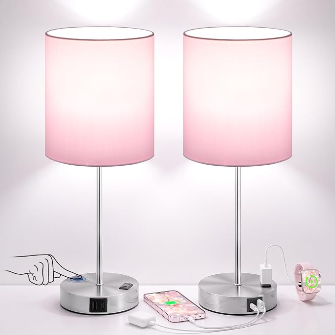 17.6" Pink Touch Lamps for Bedroom Set of 2 - Dimmable, USB C+A, AC Outlet | Large 17.6" Tall Lamp, 3-Way Dimming, 5000K Daylight Bulbs, Pink Lampshade Silver Base, Decor for Living Room, Boys, Girls