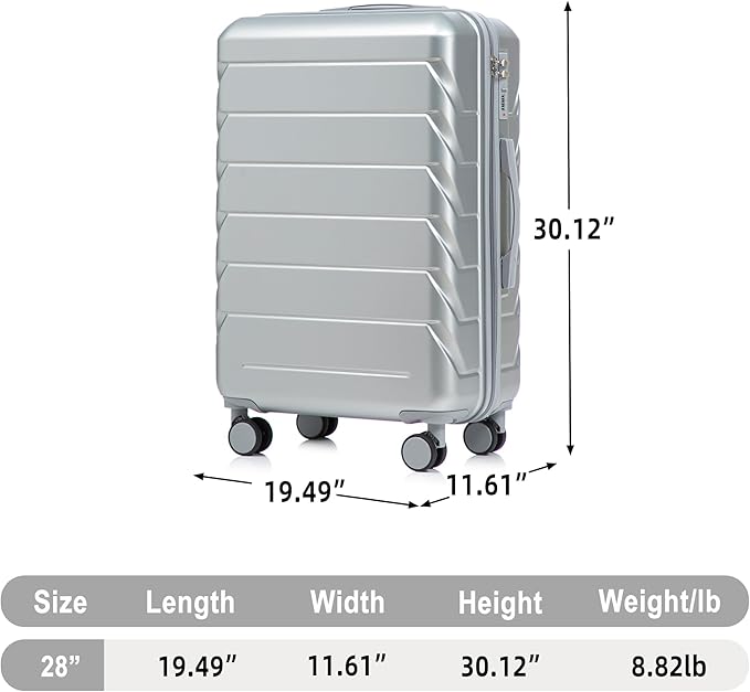 28 Inch Checked-Large Luggage, Lightweight ABS Hard Shell Suitcase with Spinner Wheels, Expandable Travel Luggage with Combination Lock & Side Hooks for Men Women (Silver, 28)