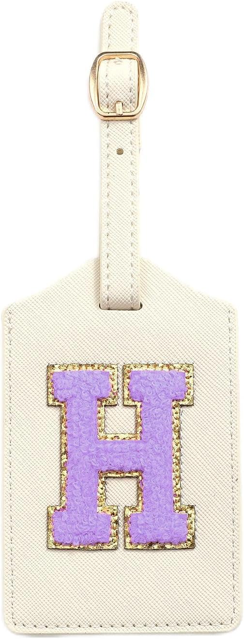Initial Luggage Tag, PU Leather Luggage Tag, Embroidered Luggage Tag, Letter Luggage Tag, Monogrammed Luggage Tag, Luggage Tag for Baggage Bag Suitcase (H, White Leather+Purple Letter)